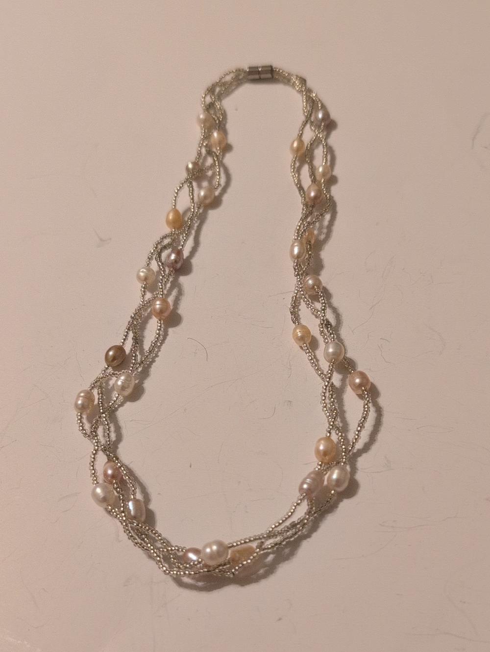 Multi-Strand Freshwater Pearl and Silver Bead Necklace - Cream Pearls